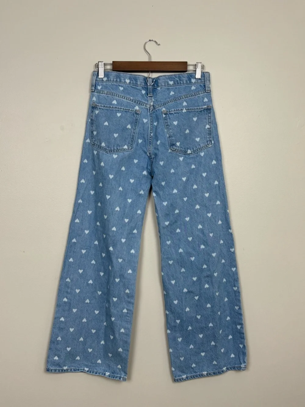 Old Navy Jean Girl 16 Blue Baggy Wide Leg Heart Print High Rise Adjustable Denim